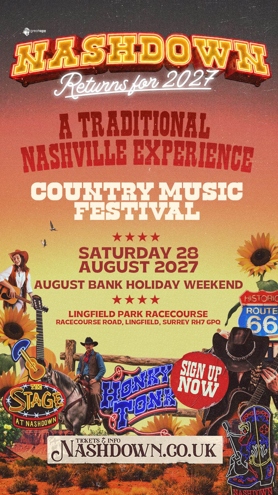 NashDown 2027 poster: A traditional Nashville experience, Saturday 28 August 2027, Lingfield Park Racecourse
